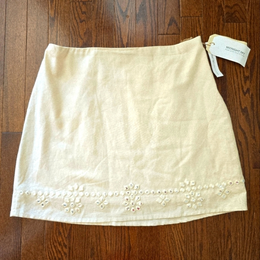 MIDNIGHT SKY Embellished Cream Skirt Mini Linen Cream Size XL M